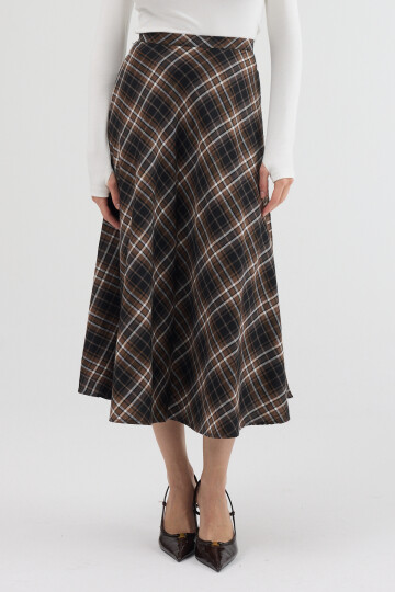 Kahverengi-Siyah Aura Yüksek Bel A-Kesim Ekose Midi Etek