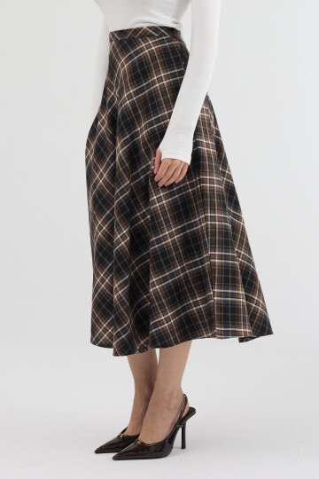 Kahverengi-Siyah Aura Yüksek Bel A-Kesim Ekose Midi Etek