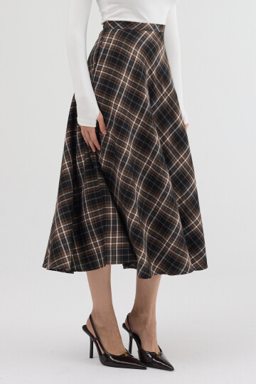 Kahverengi-Siyah Aura Yüksek Bel A-Kesim Ekose Midi Etek