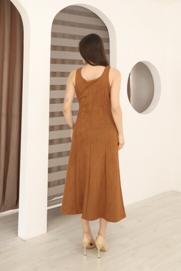 Kahverengi Süet Önü Düğme Detaylı Yuvarlak Yaka Jile/Salopet Elbise