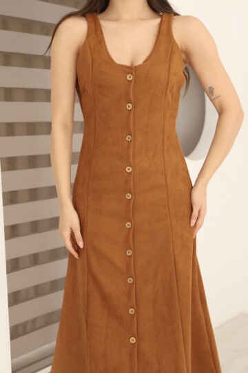 Kahverengi Süet Önü Düğme Detaylı Yuvarlak Yaka Jile/Salopet Elbise