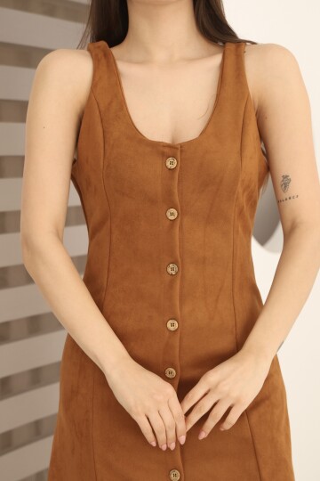 Kahverengi Süet Önü Düğme Detaylı Yuvarlak Yaka Jile/Salopet Elbise