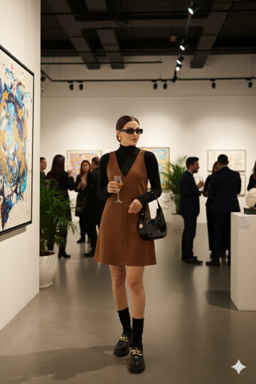 Kahverengi Süet V Yaka Diz Üstü Panel Detaylı Kadın Elbise