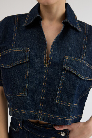 Koyu Lacivert Gömlek Yaka Cep Detaylı Üst ve Asimetrik Düğmeli Kot Şort Etek Urban Stil İkili Takım