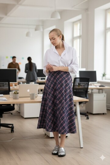 Lacivert-Kırmızı Aura Yüksek Bel A-Kesim Ekose Midi Etek