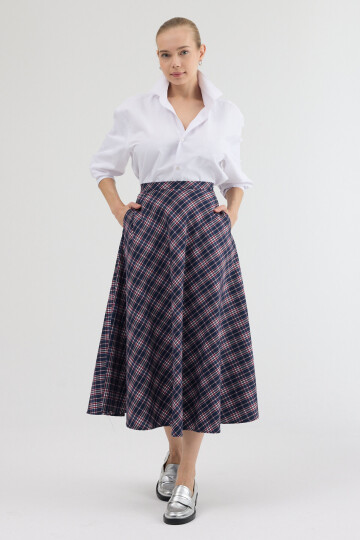 Lacivert-Kırmızı Aura Yüksek Bel A-Kesim Ekose Midi Etek