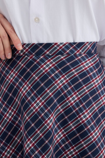 Lacivert-Kırmızı Aura Yüksek Bel A-Kesim Ekose Midi Etek