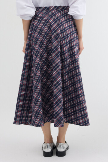 Lacivert-Kırmızı Aura Yüksek Bel A-Kesim Ekose Midi Etek