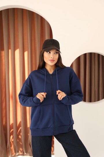 Lacivert Oversize İçi Polar ve Fermuar Detaylı Kapüşonlu Kadın Sweatshirt