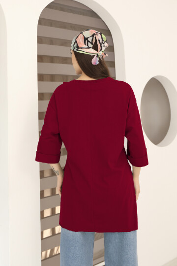 Moviment Kadın Standart Beden Duble Kol Yandan Yırtmaçlı Bordo T-shirt
