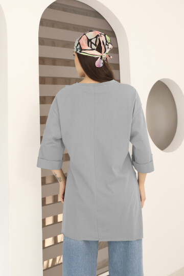 Moviment Kadın Standart Beden Duble Kol Yandan Yırtmaçlı Gri Melanj T-shirt