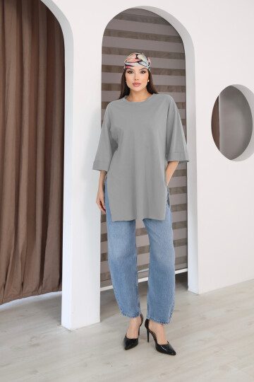 Moviment Kadın Standart Beden Duble Kol Yandan Yırtmaçlı Gri Melanj T-shirt