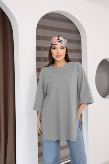 Moviment Kadın Standart Beden Duble Kol Yandan Yırtmaçlı Gri Melanj T-shirt