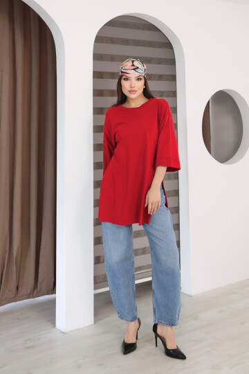 Moviment Kadın Standart Beden Duble Kol Yandan Yırtmaçlı Kırmızı T-shirt