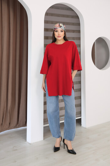 Moviment Kadın Standart Beden Duble Kol Yandan Yırtmaçlı Kırmızı T-shirt