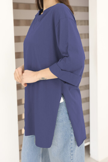 Moviment Kadın Standart Beden Duble Kol Yandan Yırtmaçlı Lacivert T-shirt