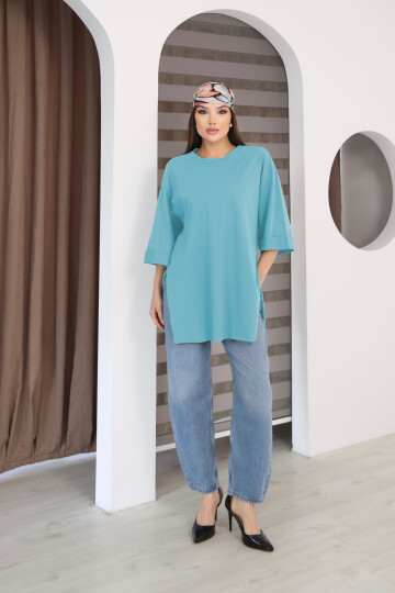 Moviment Kadın Standart Beden Duble Kol Yandan Yırtmaçlı Mavi T-shirt