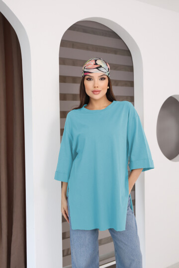 Moviment Kadın Standart Beden Duble Kol Yandan Yırtmaçlı Mavi T-shirt
