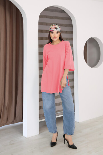 Moviment Kadın Standart Beden Duble Kol Yandan Yırtmaçlı Pembe T-shirt