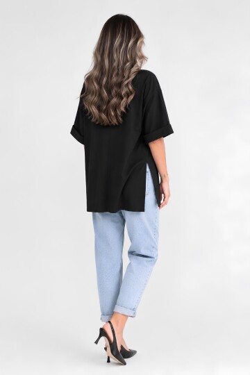 Moviment Kadın Standart Beden Duble Kol Yandan Yırtmaçlı Siyah T-shirt