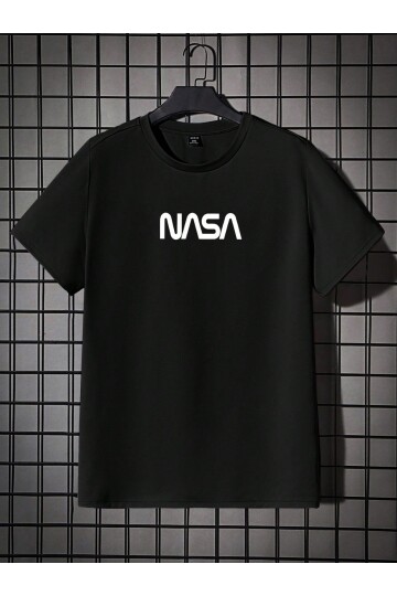 Siyah Bisiklet Yaka Önü NASA Baskılı Erkek T-shirt