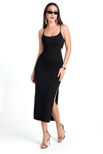 Siyah Bodycon Midi Kalem Elbise | İnce Askılı Havuz Yaka | Cut Out Sırt Dekolteli Yırtmaç Detaylı | Viskon Karışımlı İnterlok Esnek Örme Kumaş