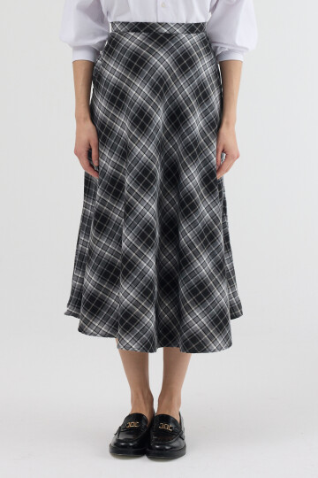 Siyah-Gri Aura Yüksek Bel A-Kesim Ekose Midi Etek