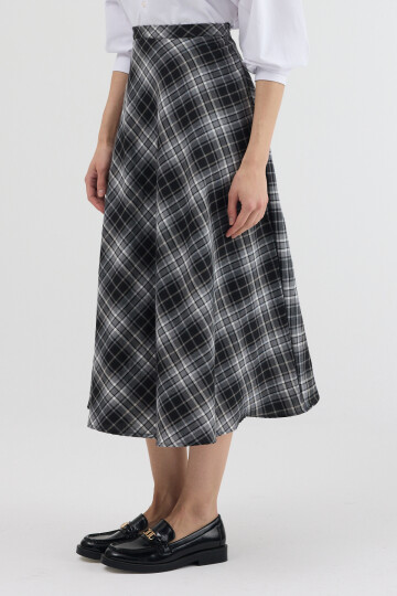 Siyah-Gri Aura Yüksek Bel A-Kesim Ekose Midi Etek