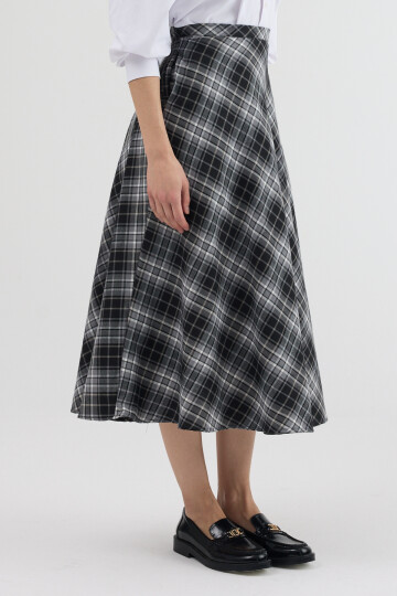 Siyah-Gri Aura Yüksek Bel A-Kesim Ekose Midi Etek