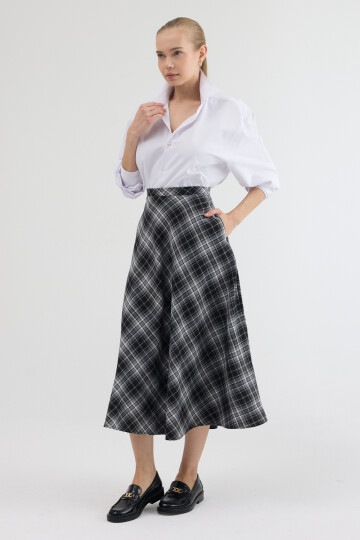 Siyah-Gri Aura Yüksek Bel A-Kesim Ekose Midi Etek