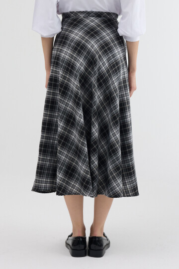 Siyah-Gri Aura Yüksek Bel A-Kesim Ekose Midi Etek