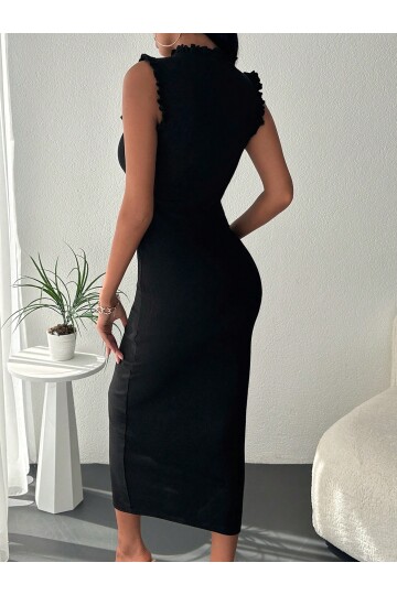 Siyah Kol ve Yaka Fırfır Detaylı Kaşkorse Fitted  Midi Elbise
