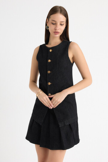 Siyah Yıkamalı Pile Detaylı Mini Etek ve Kolsuz  Düğme Detaylı Blazer Yelek/Ceket İkiliTakım