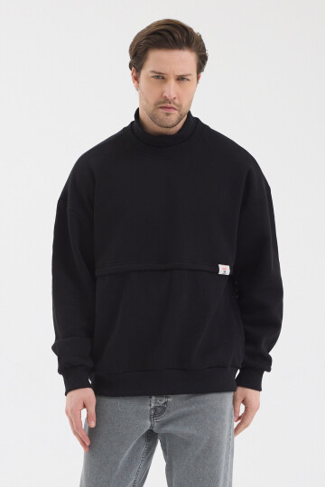 Urban Fit Siyah Dik Yaka Oversize Etiket Detaylı Şardonlu Sweatshirt