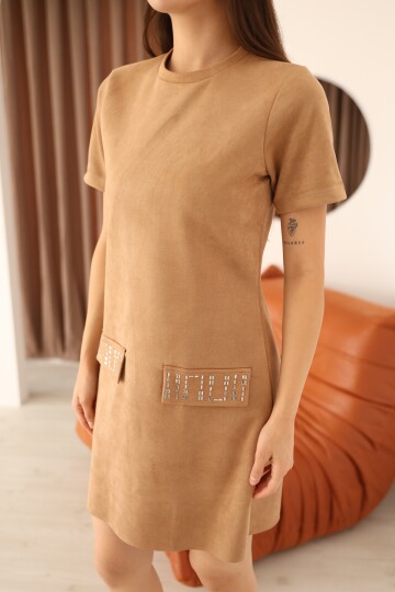 Vizon Süet Bisiklet Yaka Cepleri Taş İşlemeli Diz Üstü Kadın Elbise